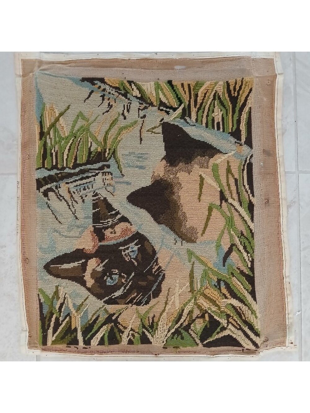 Vintage Siamese Cat Needlepoint Panel Blue Eyes Floral 16x20 For Art Or Pillow